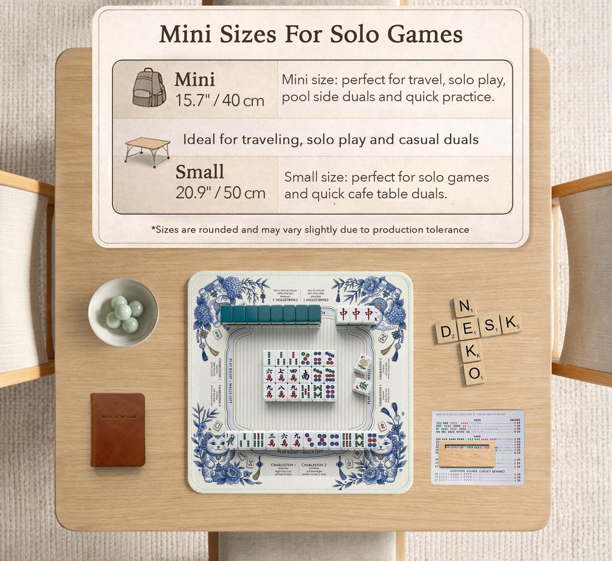 Blue and white square mahjong mat with lucky cat artwork, floral chinoiserie pattern, tile icons, and a rule guide layout.
