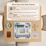 Blue and white square mahjong mat with lucky cat artwork, floral chinoiserie pattern, tile icons, and a rule guide layout.