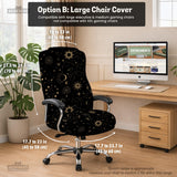 Black chair cover with gold moons, suns, stars, constellations, and line art printed across the fabric.