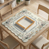 Beige square mahjong mat with a sage border, crane birds, bamboo, flowers, tile icons, and printed rules around a clean center play area.