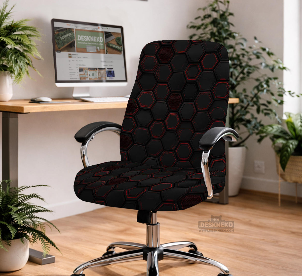Black chair cover with a dark red geometric pattern shown on an office chair, with a fitted stretch look.