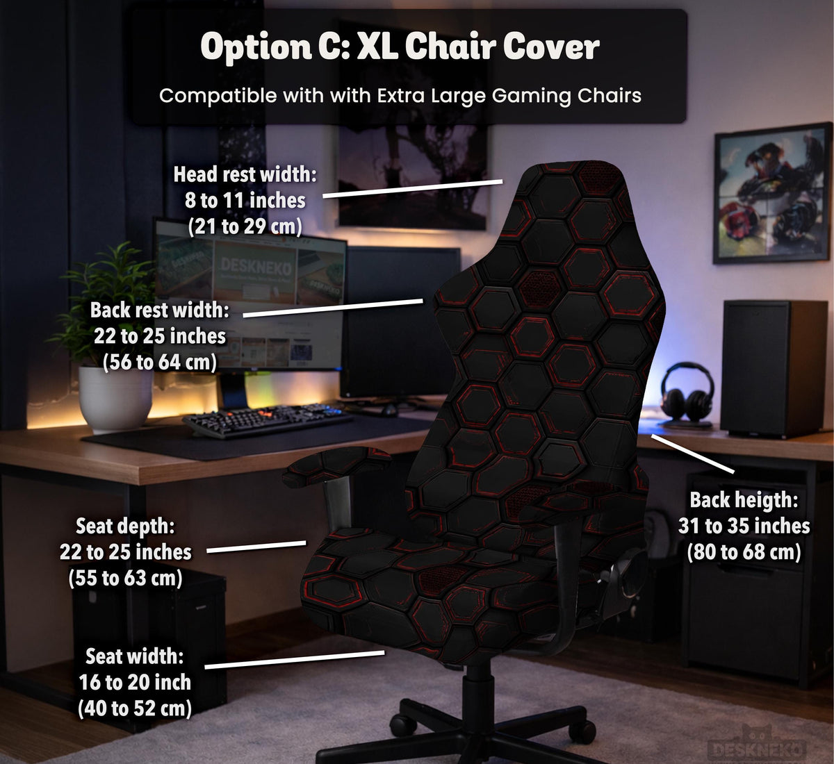 Black chair cover with a dark red geometric pattern shown on an office chair, with a fitted stretch look.