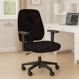 Black chair cover with a dark red geometric pattern shown on an office chair, with a fitted stretch look.