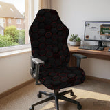 Black chair cover with a dark red geometric pattern shown on an office chair, with a fitted stretch look.