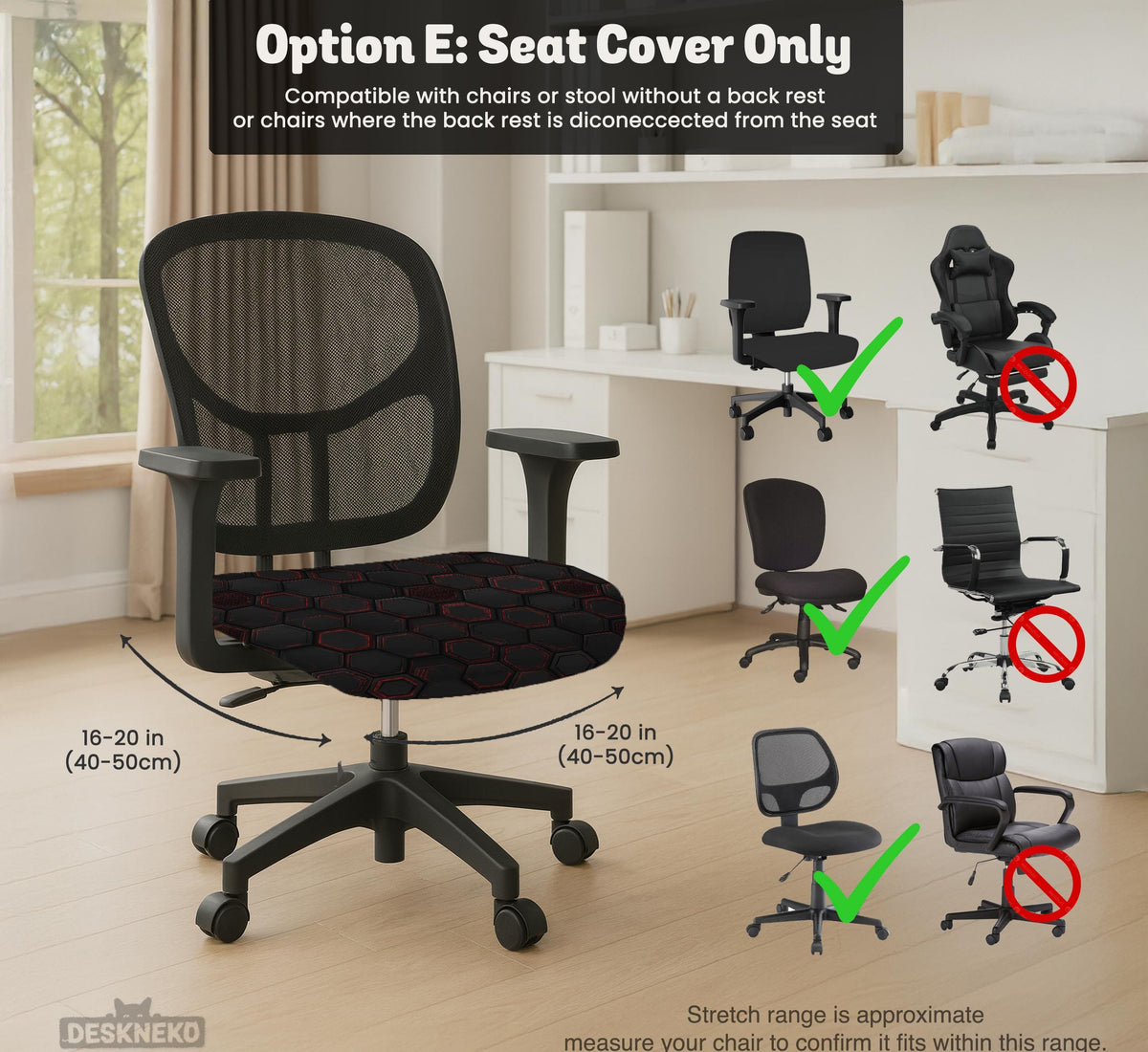 Black chair cover with a dark red geometric pattern shown on an office chair, with a fitted stretch look.