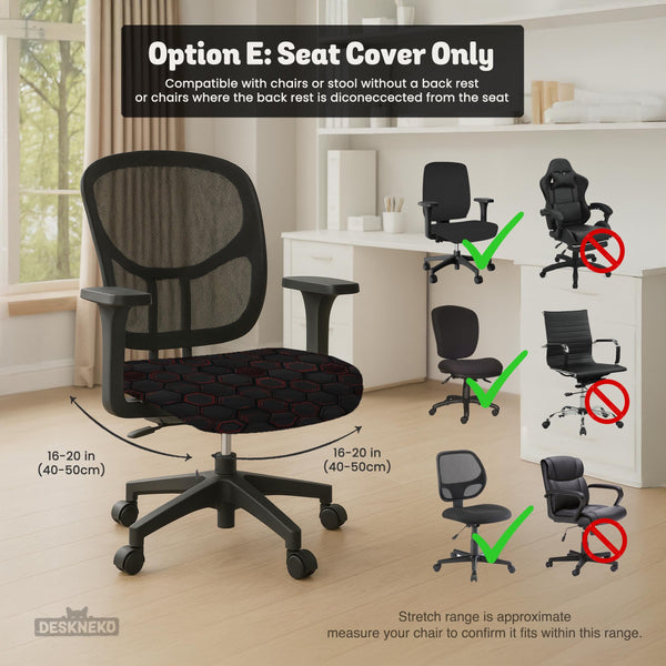 Black chair cover with a dark red geometric pattern shown on an office chair, with a fitted stretch look.