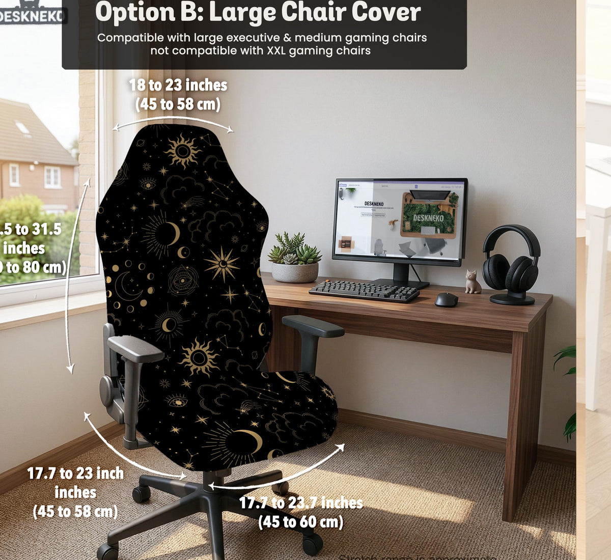 Black chair cover with a dark red geometric pattern shown on an office chair, with a fitted stretch look.