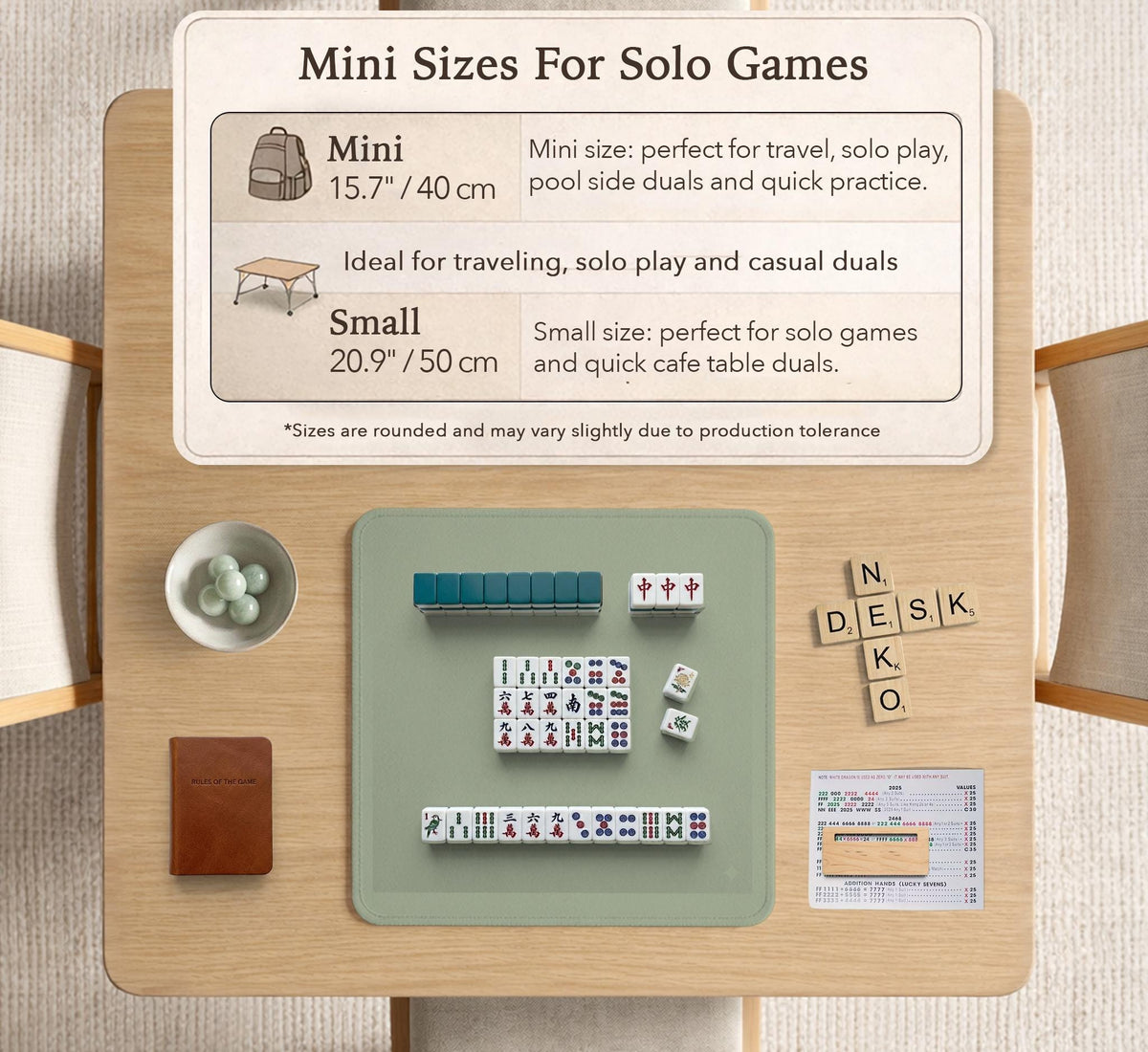 A plain light sage green square mahjong mat with a smooth solid-color surface.