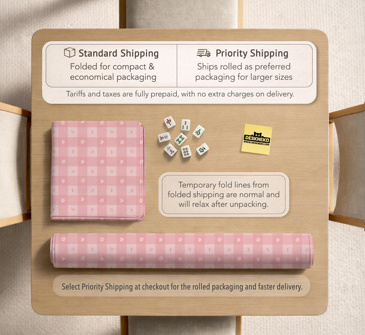 Pink checkered mahjong mat with small hearts and flowers.