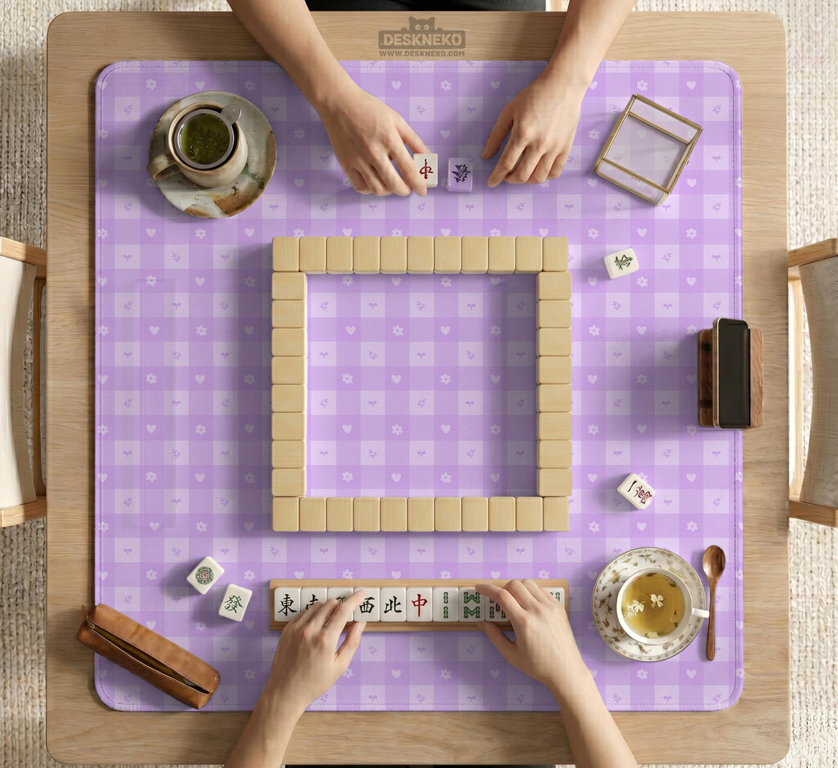 Lavender gingham mahjong mat with a scalloped edge and a pastel check pattern.