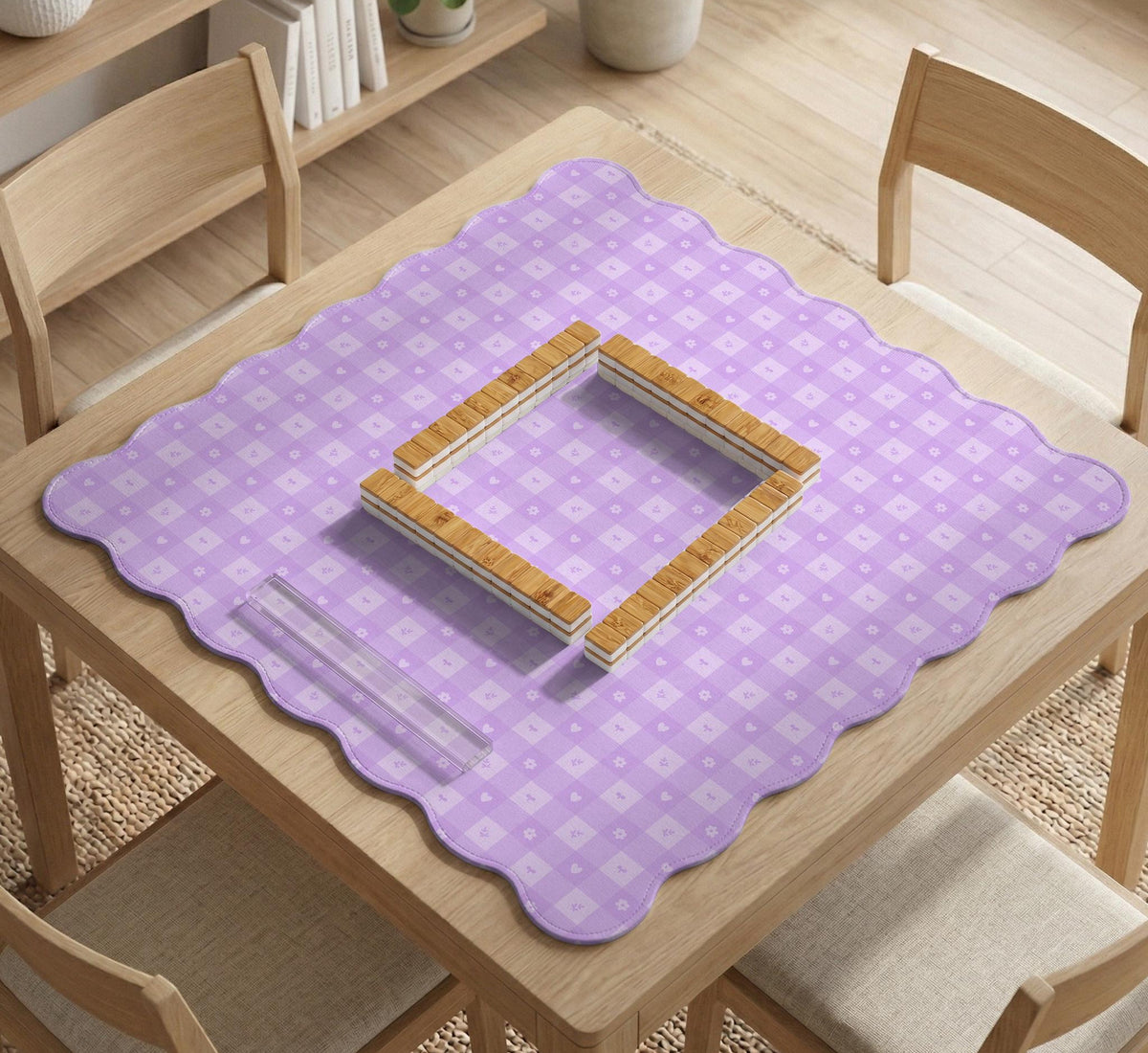 Lavender gingham mahjong mat with a scalloped edge and a pastel check pattern.