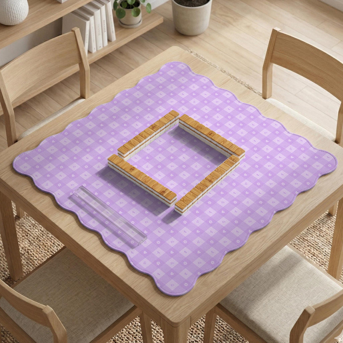 Lavender gingham mahjong mat with a scalloped edge and a pastel check pattern.