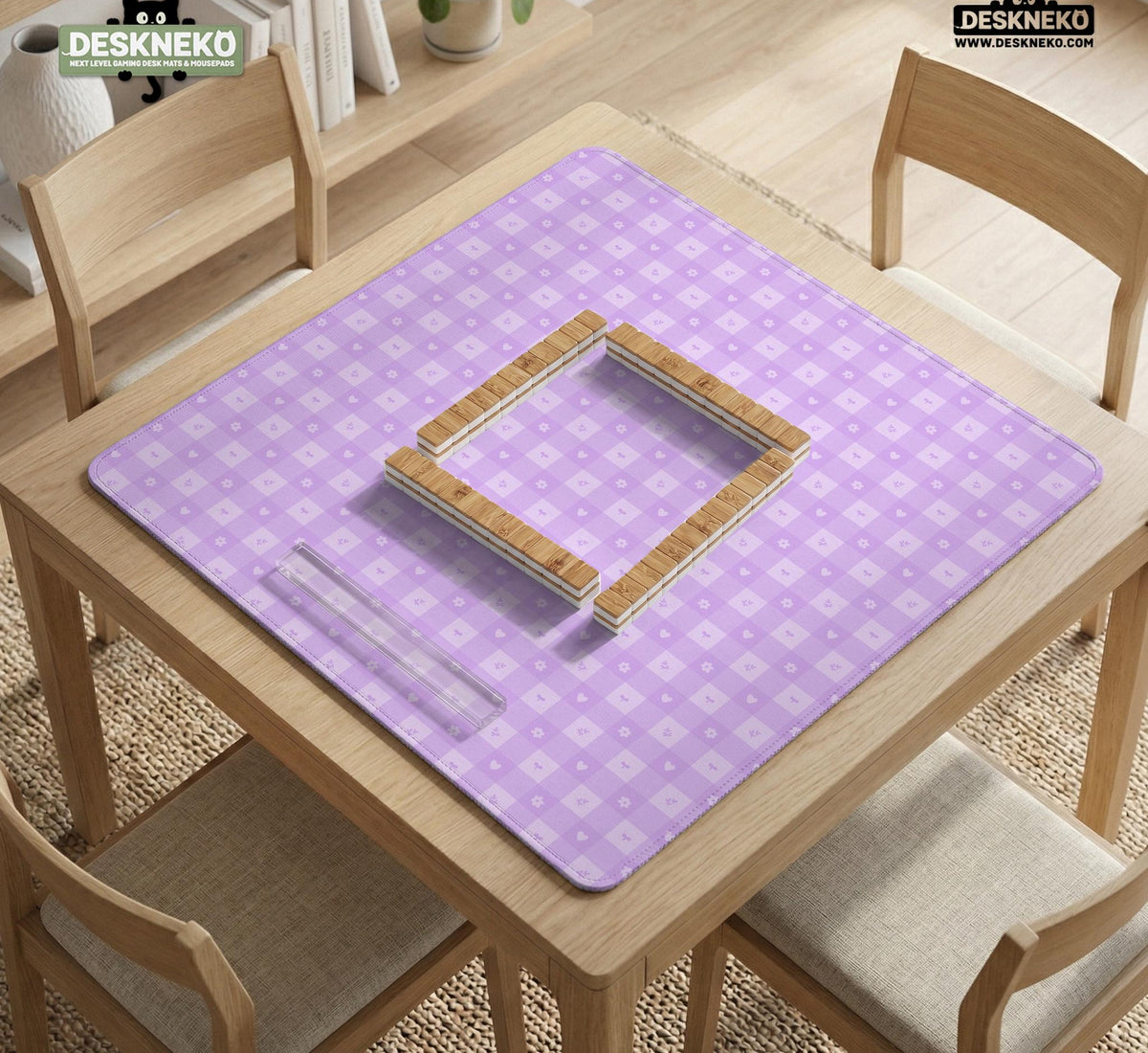 Lavender gingham mahjong mat with a scalloped edge and a pastel check pattern.
