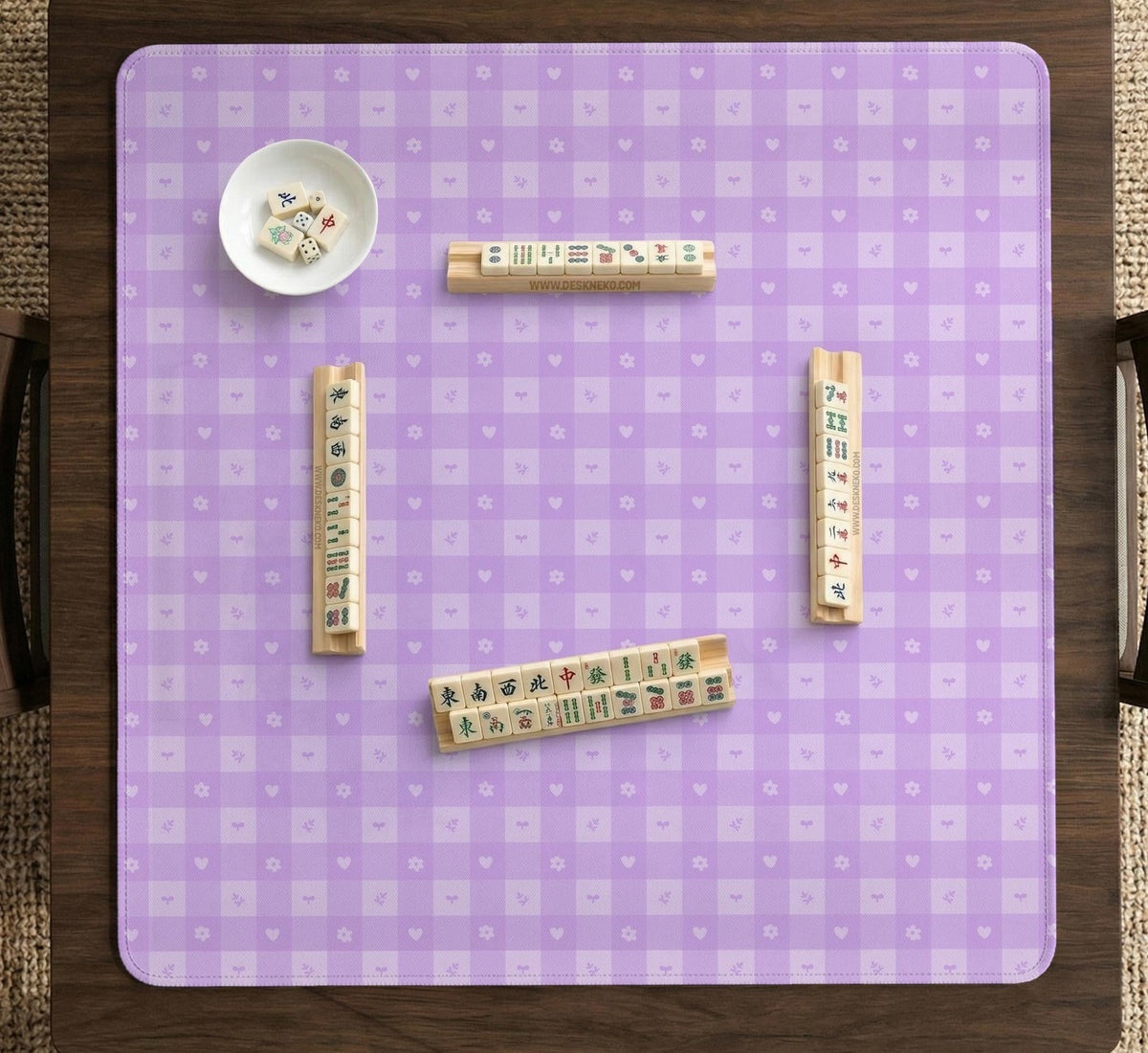 Lavender gingham mahjong mat with a scalloped edge and a pastel check pattern.