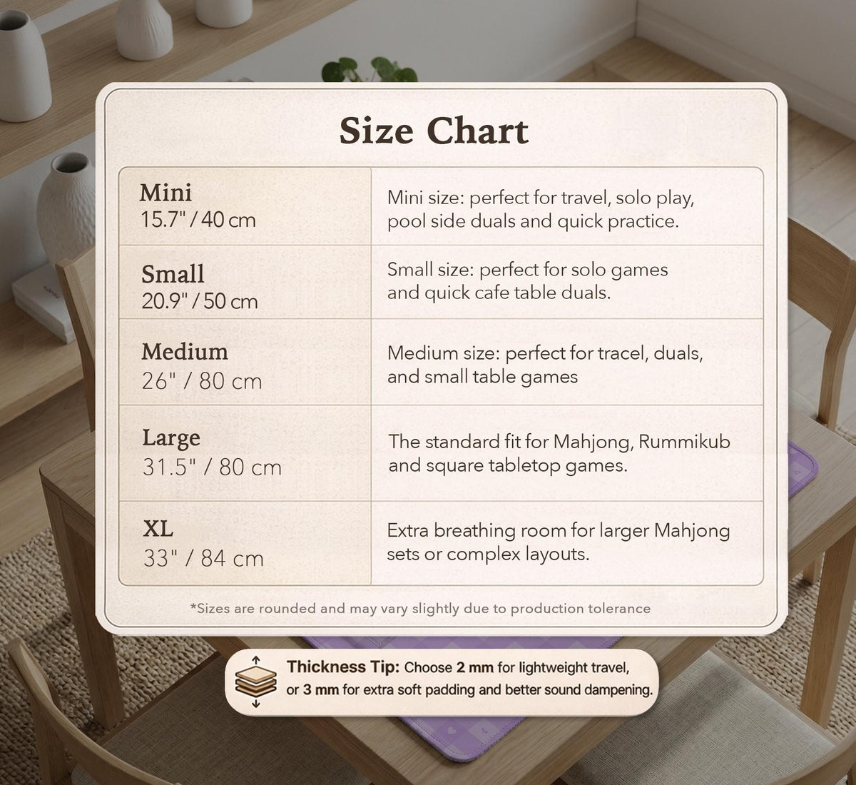 Lavender gingham mahjong mat with a scalloped edge and a pastel check pattern.