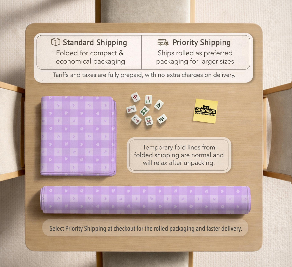 Lavender gingham mahjong mat with a scalloped edge and a pastel check pattern.
