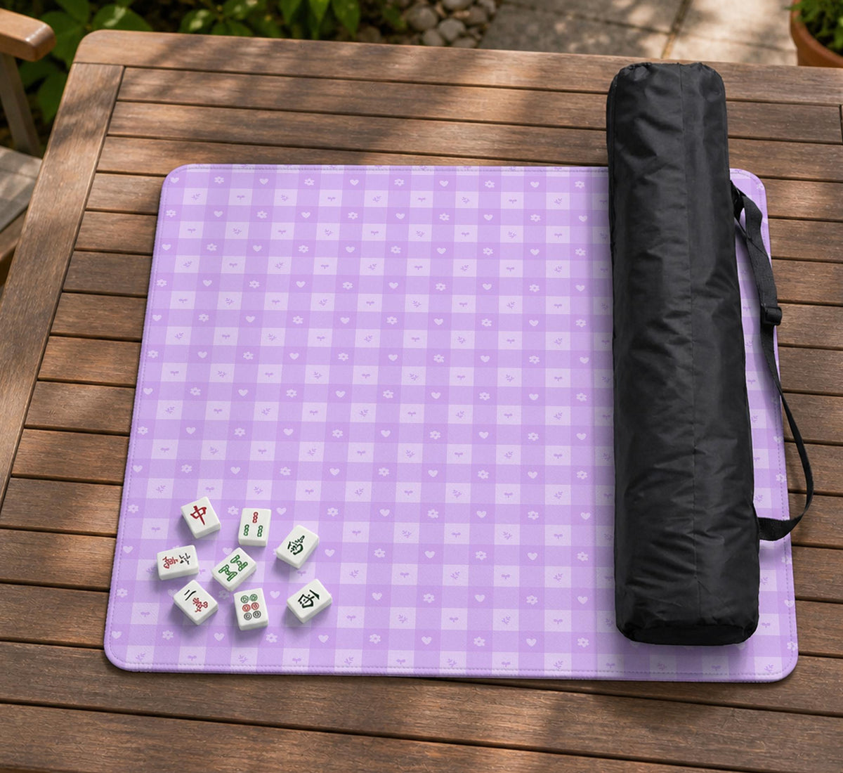 Lavender gingham mahjong mat with a scalloped edge and a pastel check pattern.
