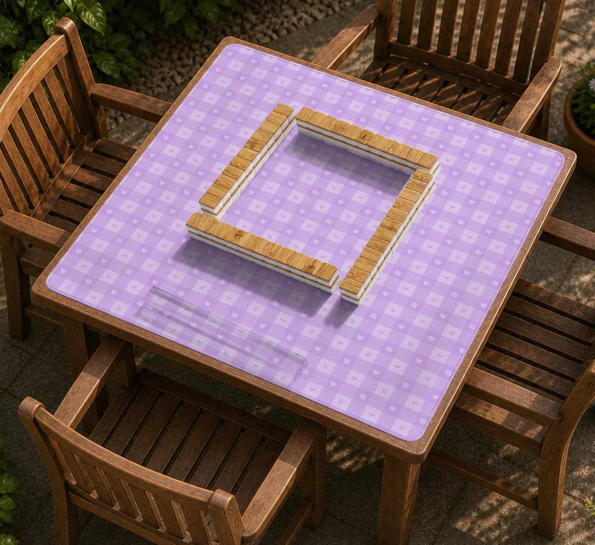 Lavender gingham mahjong mat with a scalloped edge and a pastel check pattern.