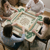 Sage green mahjong mat with a bamboo pattern, dragon design, printed rules around the edge, and a scalloped edge option.