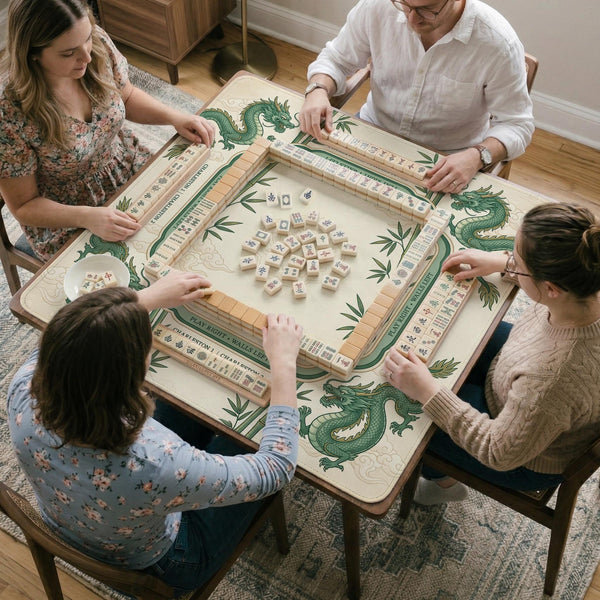 Sage green mahjong mat with a bamboo pattern, dragon design, printed rules around the edge, and a scalloped edge option.