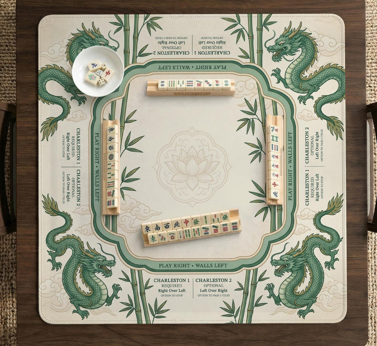 Sage green mahjong mat with a bamboo pattern, dragon design, printed rules around the edge, and a scalloped edge option.