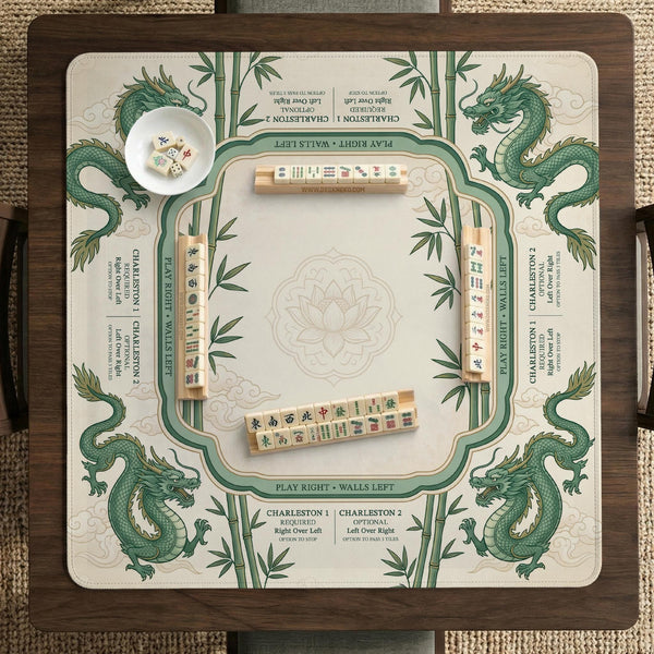 Sage green mahjong mat with a bamboo pattern, dragon design, printed rules around the edge, and a scalloped edge option.