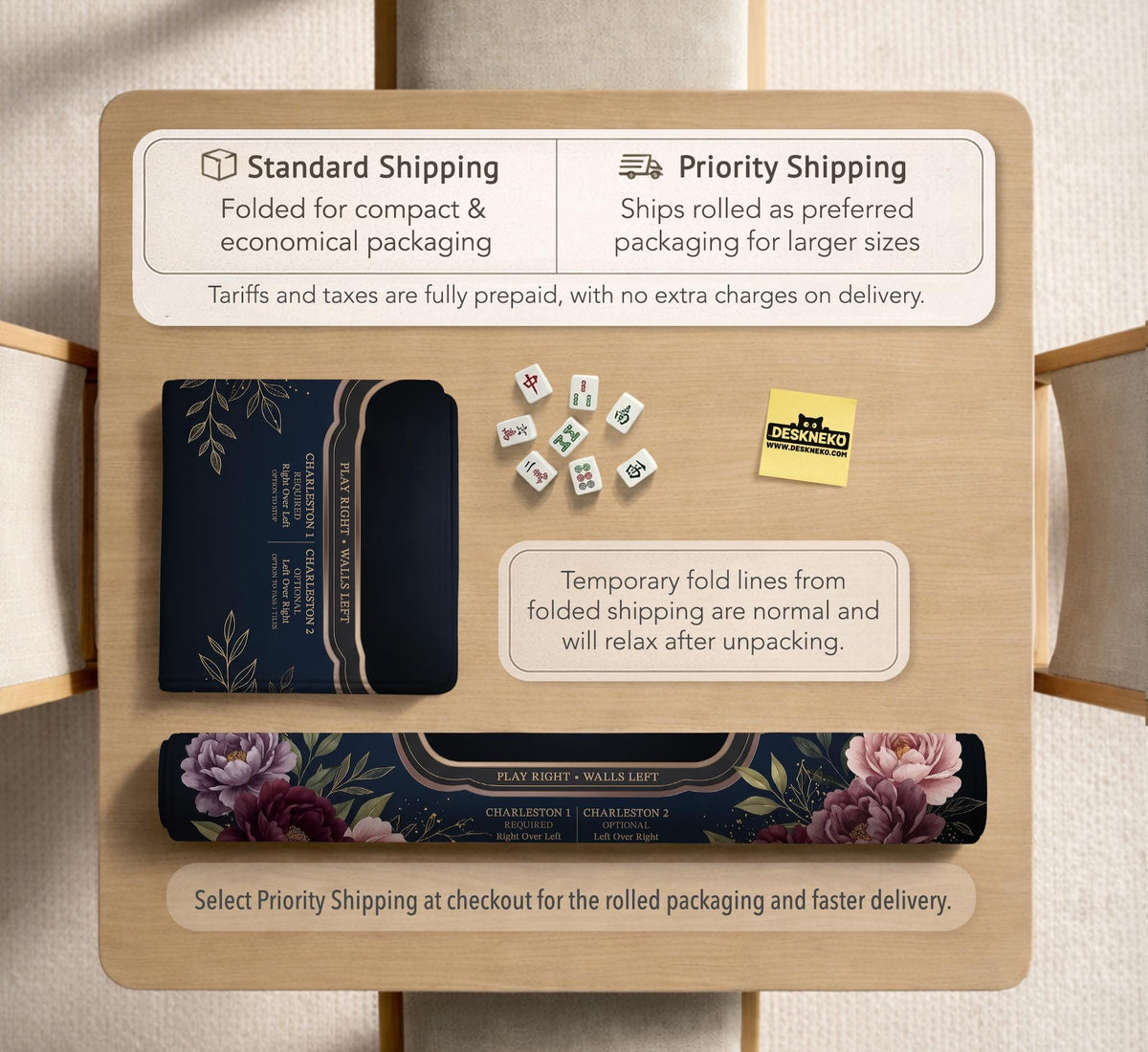 Burgundy mahjong mat with a floral border, gold botanical details, and printed American Mahjong rules on a dark background.
