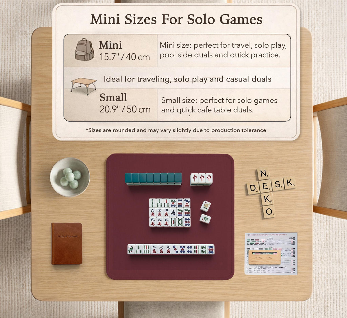 Plain burgundy square mahjong mat with scalloped edges on a white background.