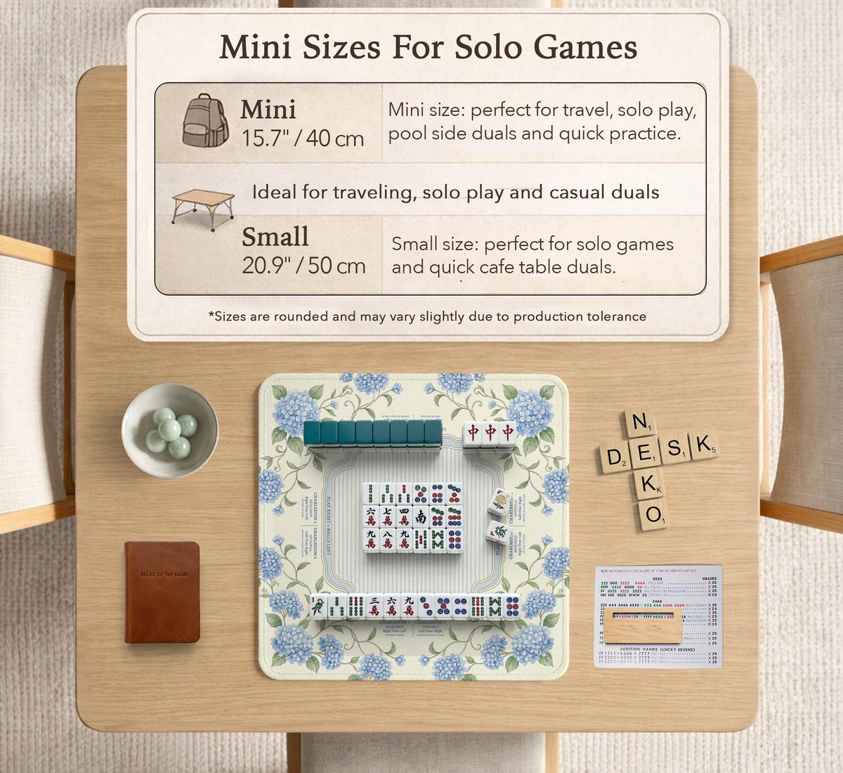 A square mahjong mat with blue hydrangea flowers, green vines, a cream background, a striped center, and printed rules around the border.