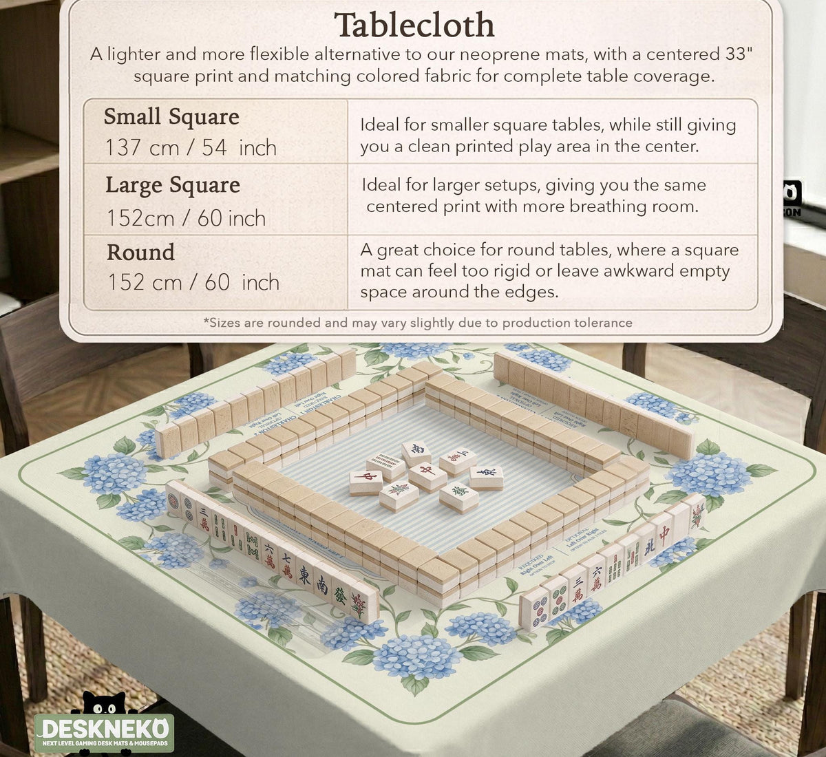 A square mahjong mat with blue hydrangea flowers, green vines, a cream background, a striped center, and printed rules around the border.