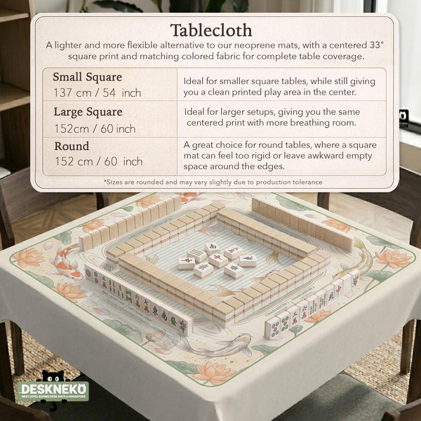 Sage and cream mahjong mat with a koi fish pond pattern, lotus blooms, water ripples, and printed instructions around the border. One version has a scalloped edge.