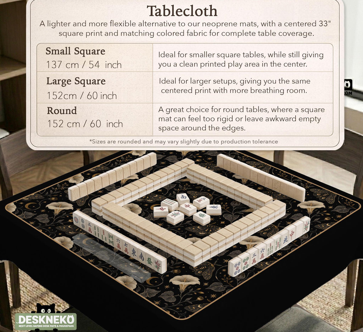 Black square mahjong mat with moths, moonflowers, crescent moons, and scattered stars in a celestial floral pattern.