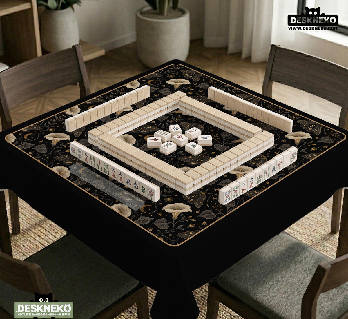Black square mahjong mat with moths, moonflowers, crescent moons, and scattered stars in a celestial floral pattern.