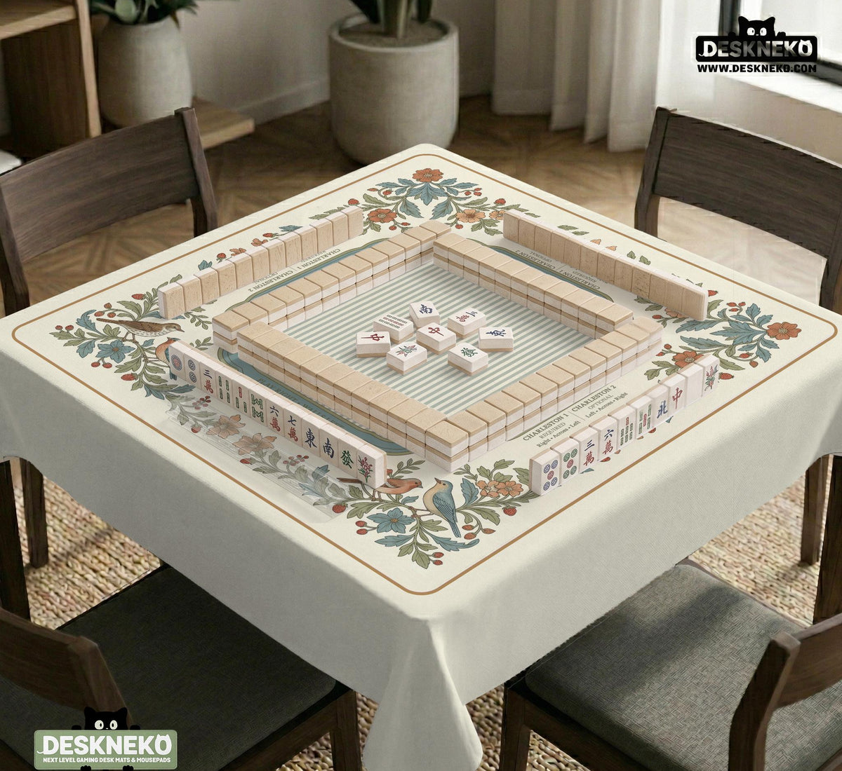 Square mahjong mat with a cream background, blue birds, sage leaves, terracotta flowers, and a decorative botanical border with printed rules text.