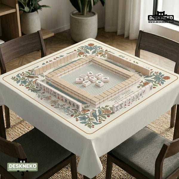 Square mahjong mat with a cream background, blue birds, sage leaves, terracotta flowers, and a decorative botanical border with printed rules text.