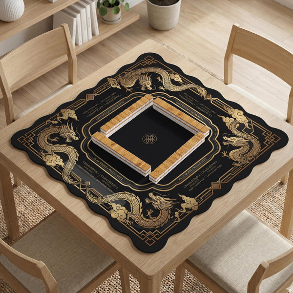 Black mahjong mat with gold dragon artwork, a scalloped edge, and printed Mahjong rules on the surface.