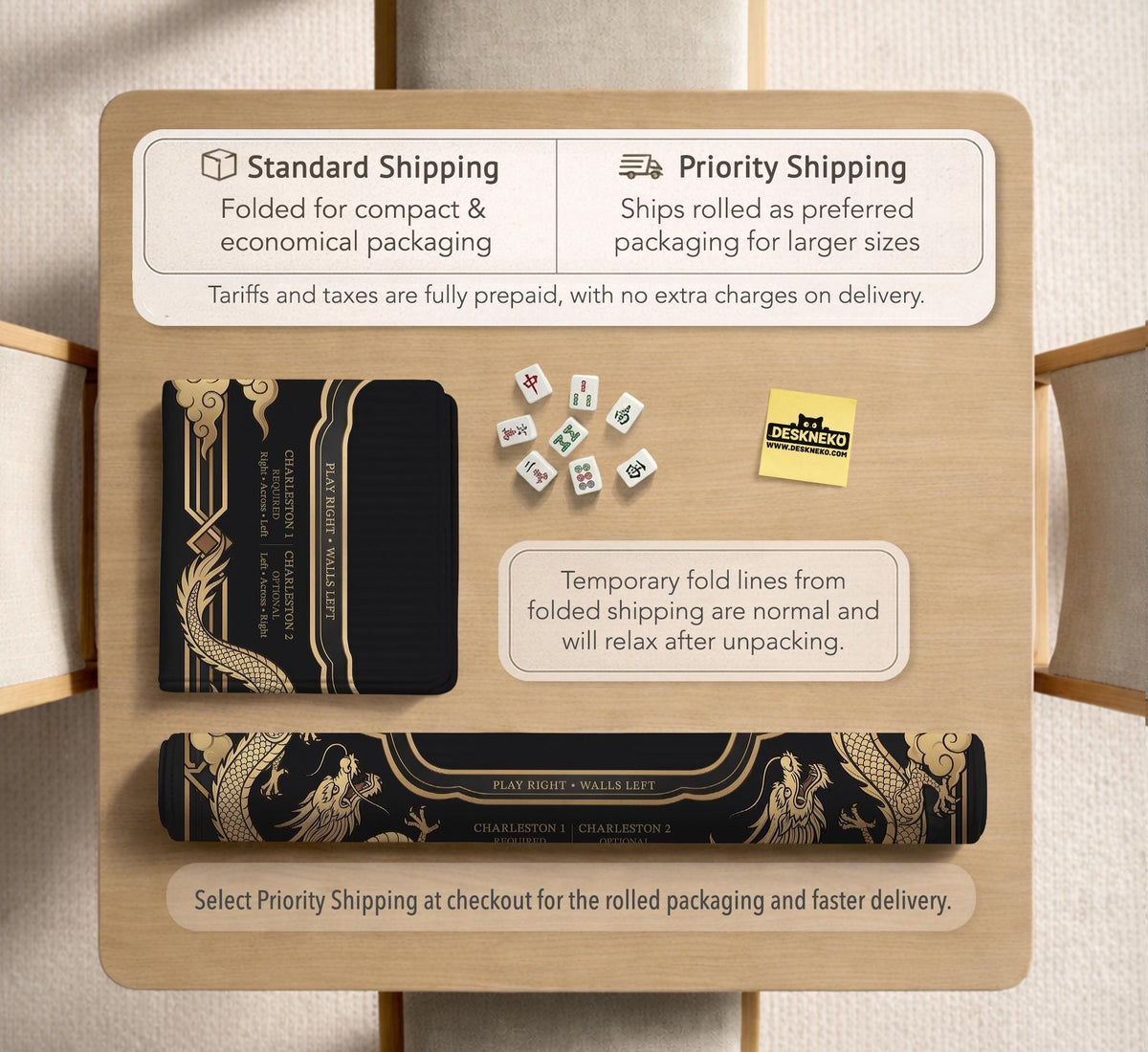 Black mahjong mat with gold dragon artwork, a scalloped edge, and printed Mahjong rules on the surface.