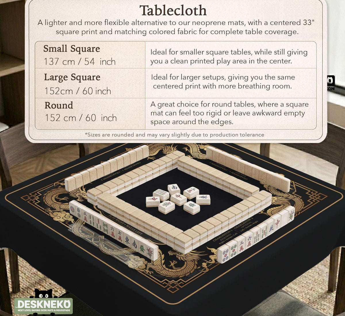 Black mahjong mat with gold dragon artwork, a scalloped edge, and printed Mahjong rules on the surface.