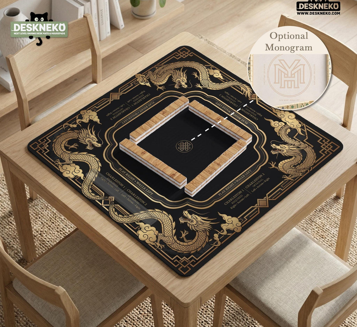 Black mahjong mat with gold dragon artwork, a scalloped edge, and printed Mahjong rules on the surface.