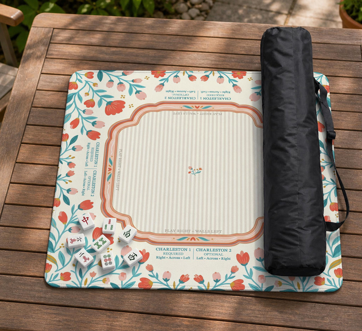 Cream mahjong mat with a coral and teal floral border, rule layout text, Charleston guide notes, and a blank center area for tile play.