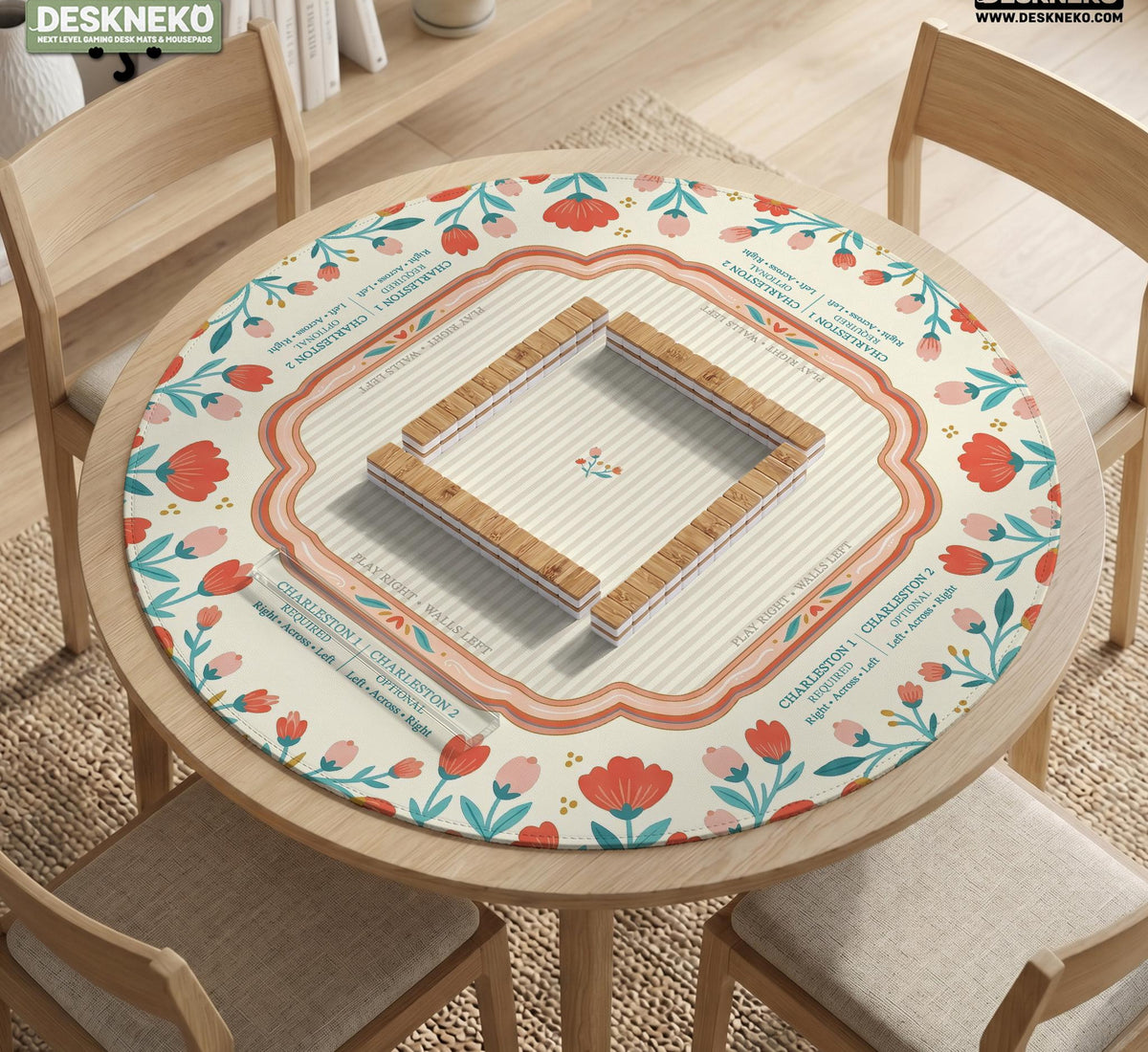Cream mahjong mat with a coral and teal floral border, rule layout text, Charleston guide notes, and a blank center area for tile play.