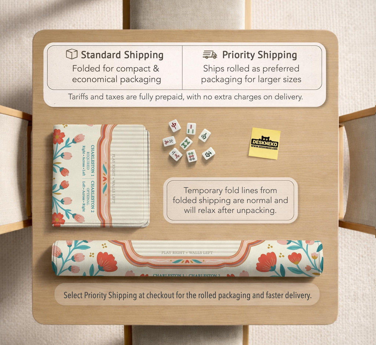 Cream mahjong mat with a coral and teal floral border, rule layout text, Charleston guide notes, and a blank center area for tile play.