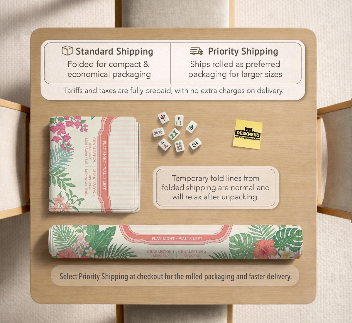 Coral tropical floral mahjong mat with hibiscus flowers, palm leaves, cream sections, and a scalloped edge.