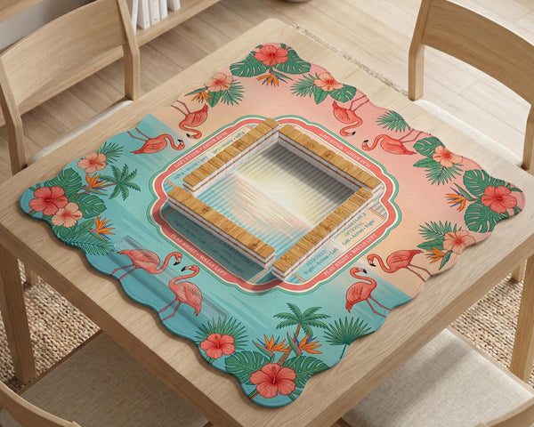Pink mahjong mat with flamingos, palm leaves, hibiscus flowers, and aqua tropical background.