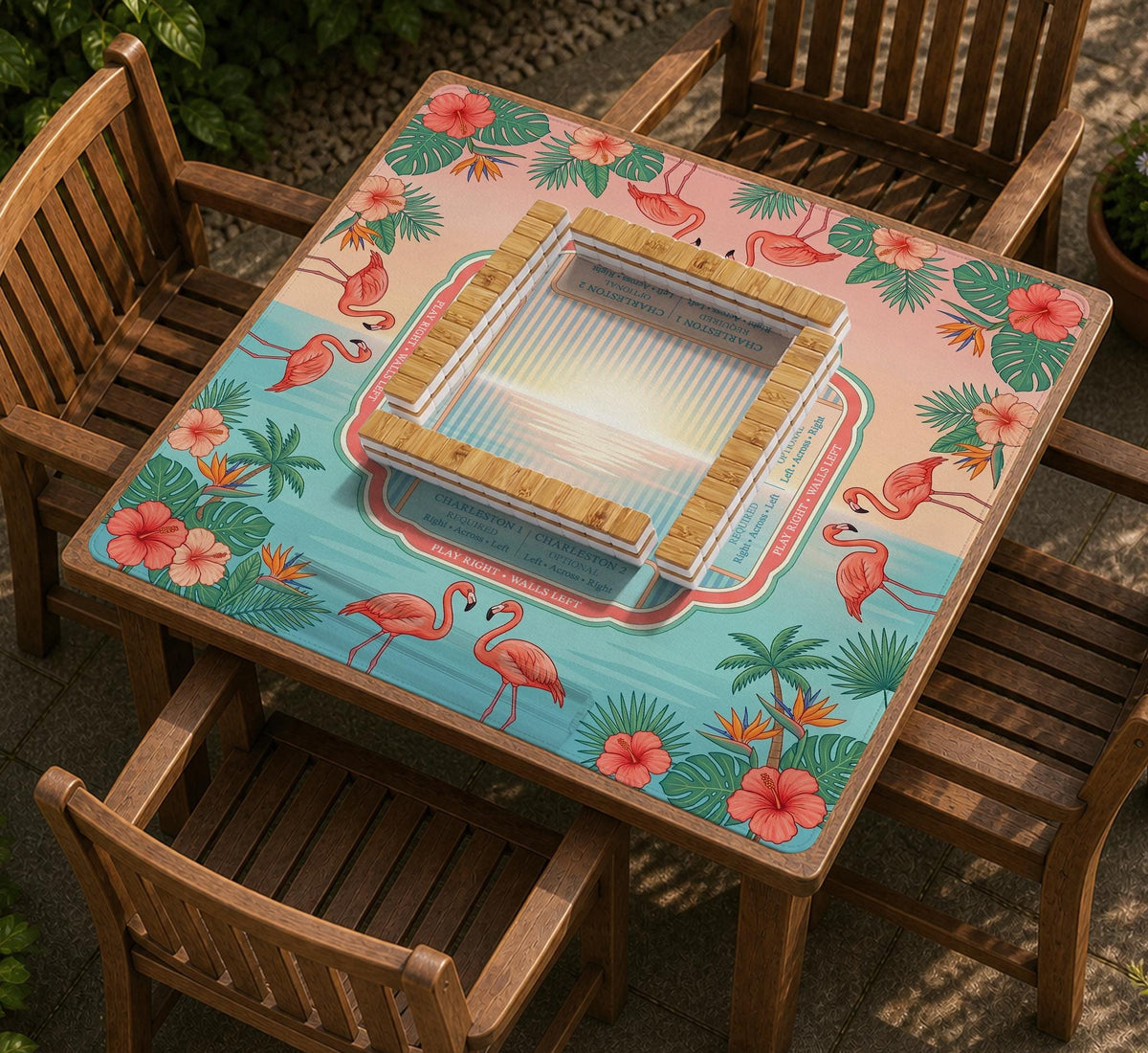 Pink mahjong mat with flamingos, palm leaves, hibiscus flowers, and aqua tropical background.