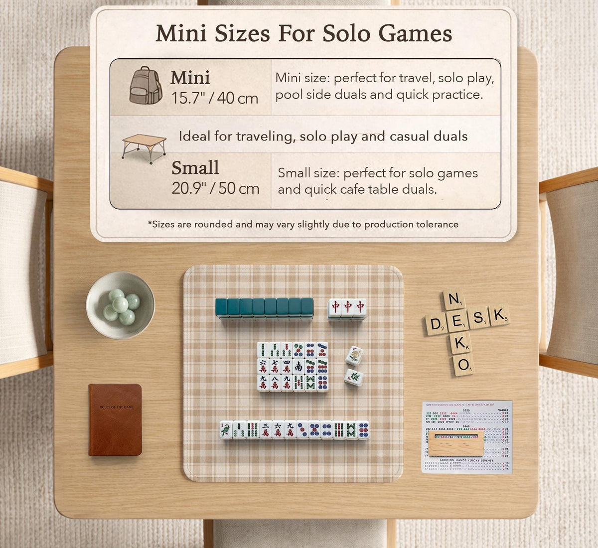 Beige plaid mahjong mat with a cream tartan pattern on a neutral background.