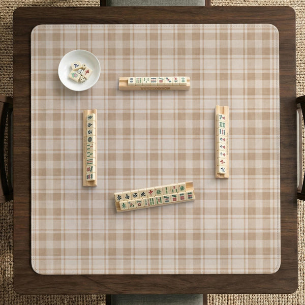 Beige plaid mahjong mat with a cream tartan pattern on a neutral background.