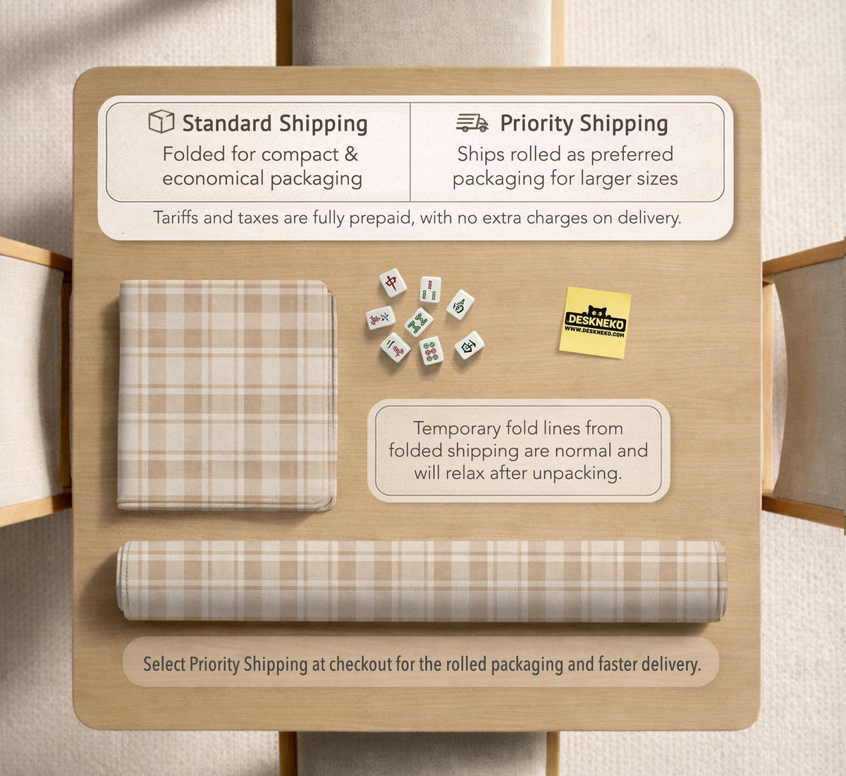 Beige plaid mahjong mat with a cream tartan pattern on a neutral background.