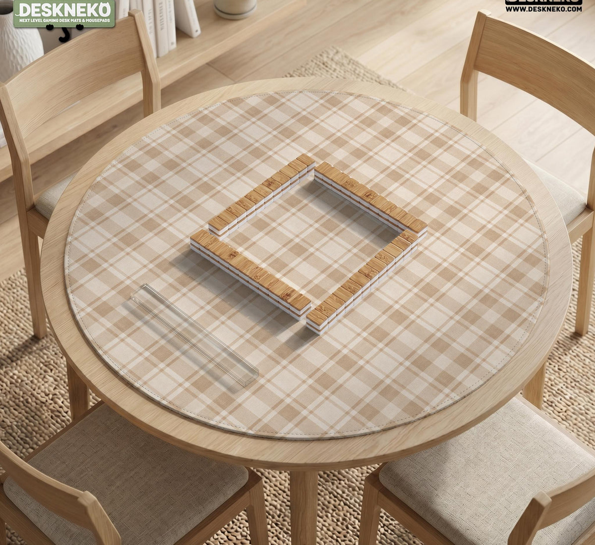 Beige plaid mahjong mat with a cream tartan pattern on a neutral background.