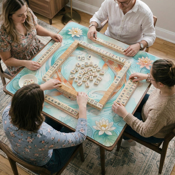 A soft blue mahjong mat with koi fish, floating lily pads, pale floral details, and a watercolor-style pond design.